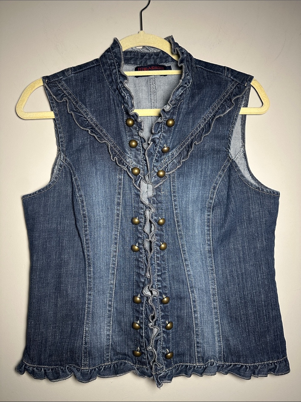 Tribal Denim Ruffle Front Sleeveless Top Blue wih button details